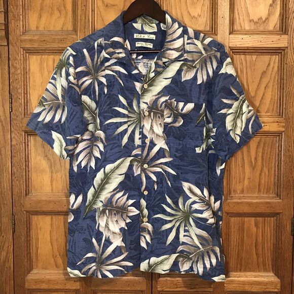 Vtg. Batik Bay 100% Silk Hawaiian Shirt Men's M  Blue Tan SS Top Loop Button Up - Picture 4 of 11
